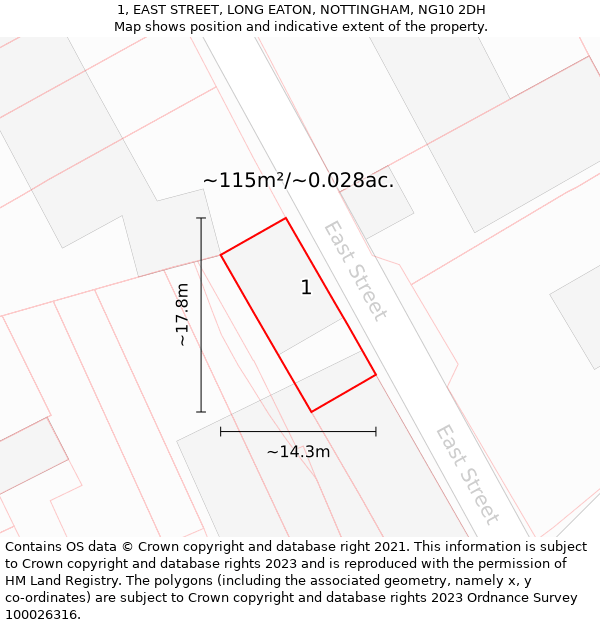 1, EAST STREET, LONG EATON, NOTTINGHAM, NG10 2DH: Plot and title map