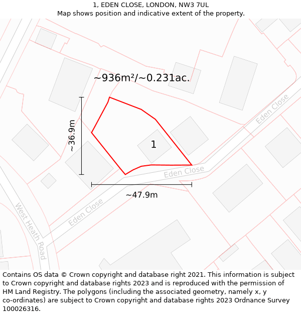 1, EDEN CLOSE, LONDON, NW3 7UL: Plot and title map