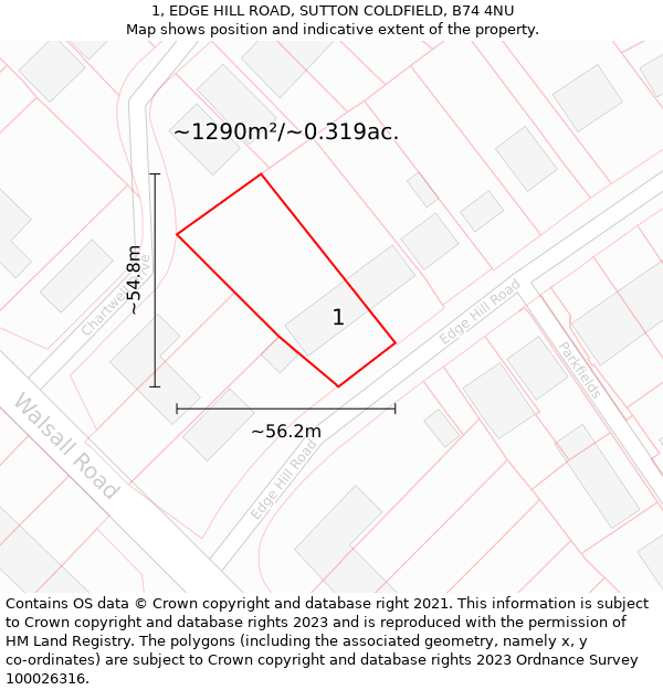 1, EDGE HILL ROAD, SUTTON COLDFIELD, B74 4NU: Plot and title map