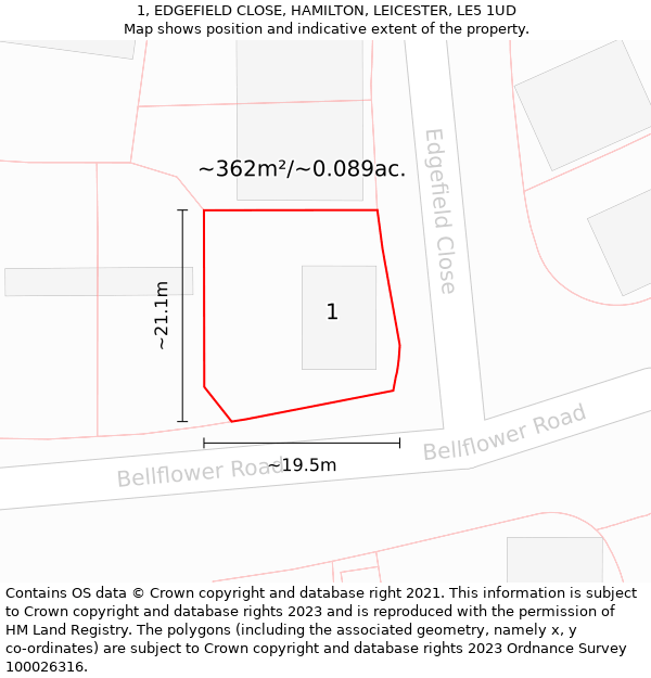 1, EDGEFIELD CLOSE, HAMILTON, LEICESTER, LE5 1UD: Plot and title map