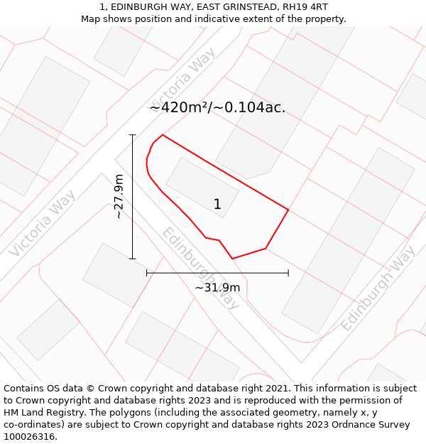 1, EDINBURGH WAY, EAST GRINSTEAD, RH19 4RT: Plot and title map