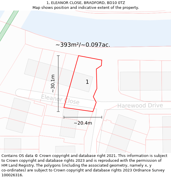 1, ELEANOR CLOSE, BRADFORD, BD10 0TZ: Plot and title map