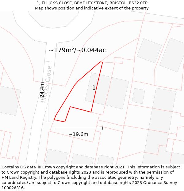 1, ELLICKS CLOSE, BRADLEY STOKE, BRISTOL, BS32 0EP: Plot and title map