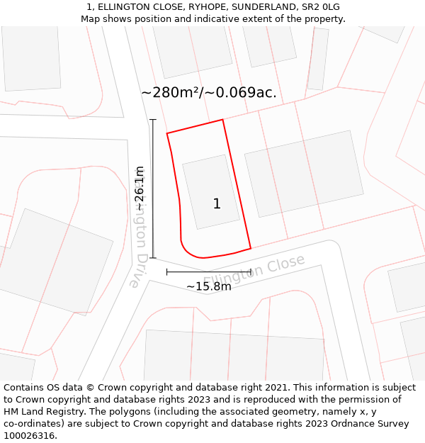 1, ELLINGTON CLOSE, RYHOPE, SUNDERLAND, SR2 0LG: Plot and title map