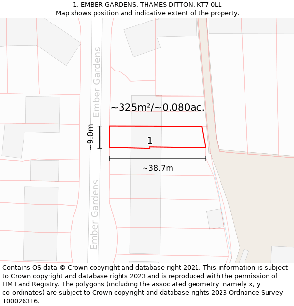 1, EMBER GARDENS, THAMES DITTON, KT7 0LL: Plot and title map