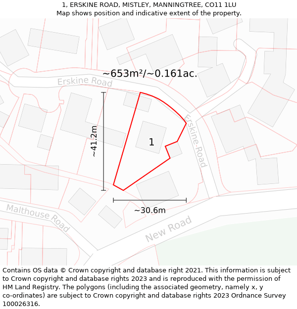 1, ERSKINE ROAD, MISTLEY, MANNINGTREE, CO11 1LU: Plot and title map