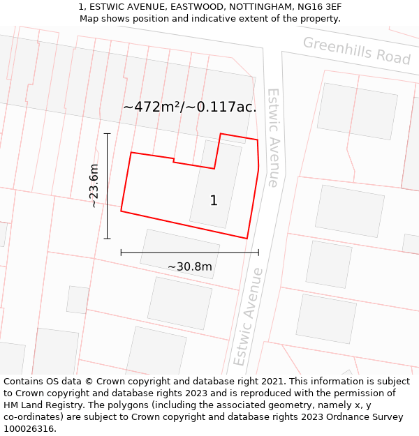 1, ESTWIC AVENUE, EASTWOOD, NOTTINGHAM, NG16 3EF: Plot and title map