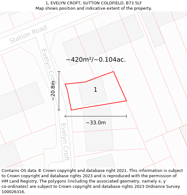 1, EVELYN CROFT, SUTTON COLDFIELD, B73 5LF: Plot and title map