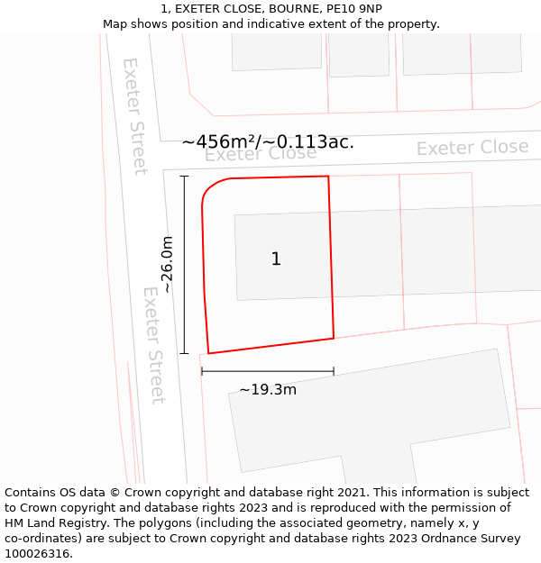 1, EXETER CLOSE, BOURNE, PE10 9NP: Plot and title map