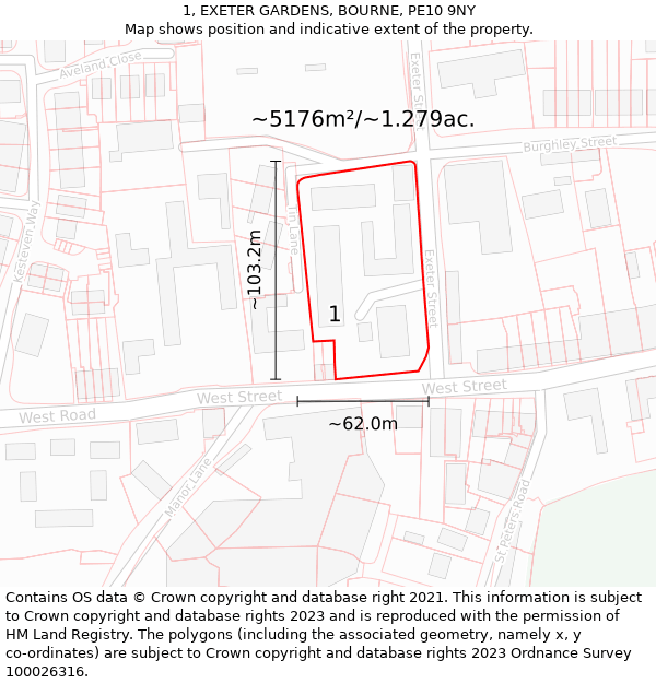 1, EXETER GARDENS, BOURNE, PE10 9NY: Plot and title map