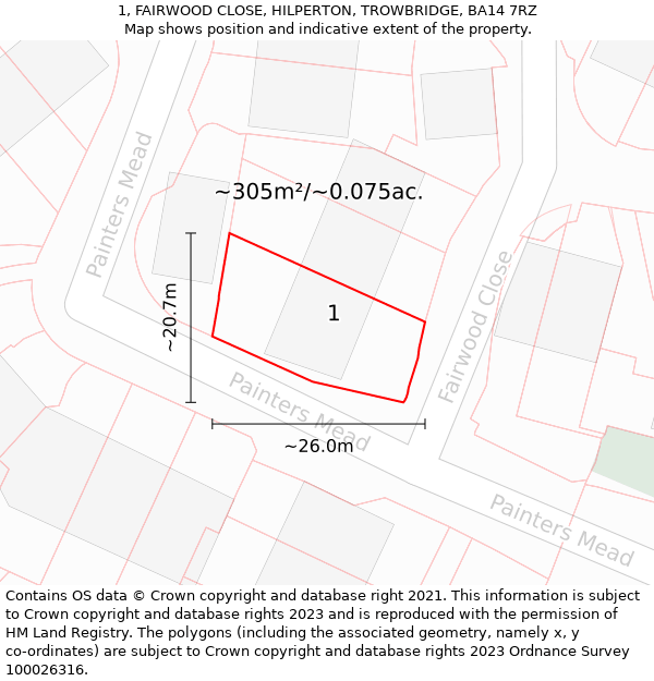 1, FAIRWOOD CLOSE, HILPERTON, TROWBRIDGE, BA14 7RZ: Plot and title map