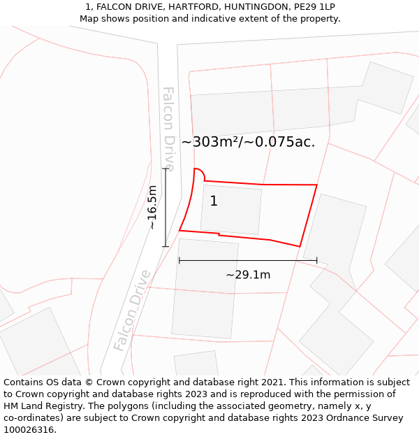 1, FALCON DRIVE, HARTFORD, HUNTINGDON, PE29 1LP: Plot and title map