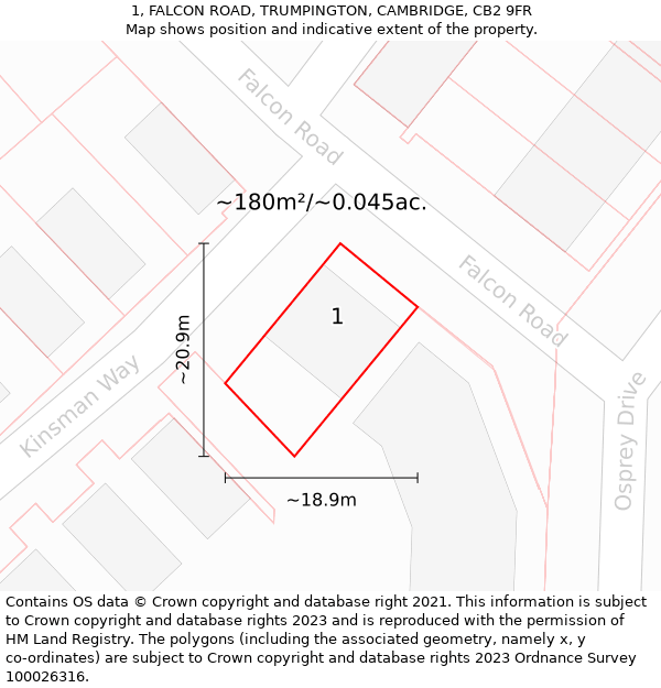 1, FALCON ROAD, TRUMPINGTON, CAMBRIDGE, CB2 9FR: Plot and title map