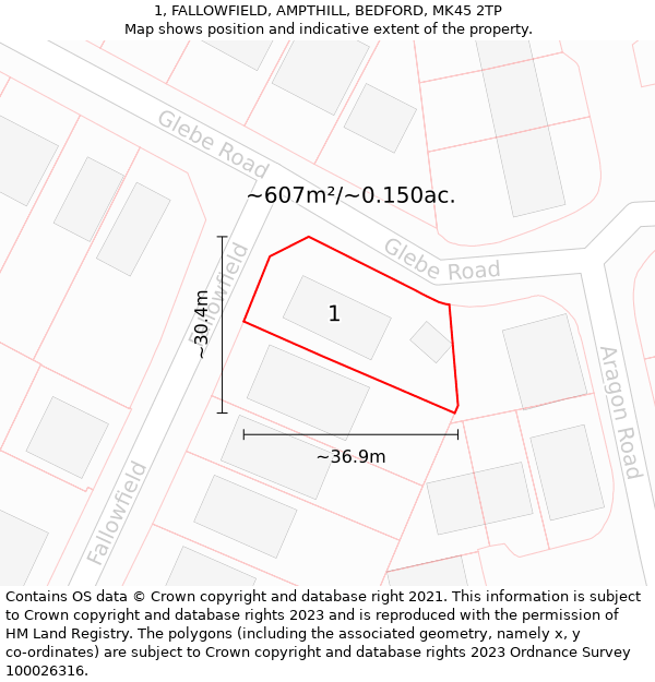 1, FALLOWFIELD, AMPTHILL, BEDFORD, MK45 2TP: Plot and title map