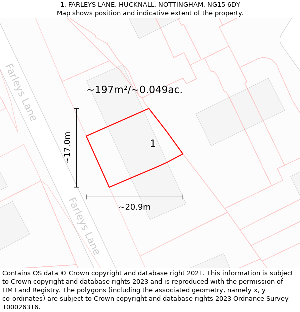 1, FARLEYS LANE, HUCKNALL, NOTTINGHAM, NG15 6DY: Plot and title map