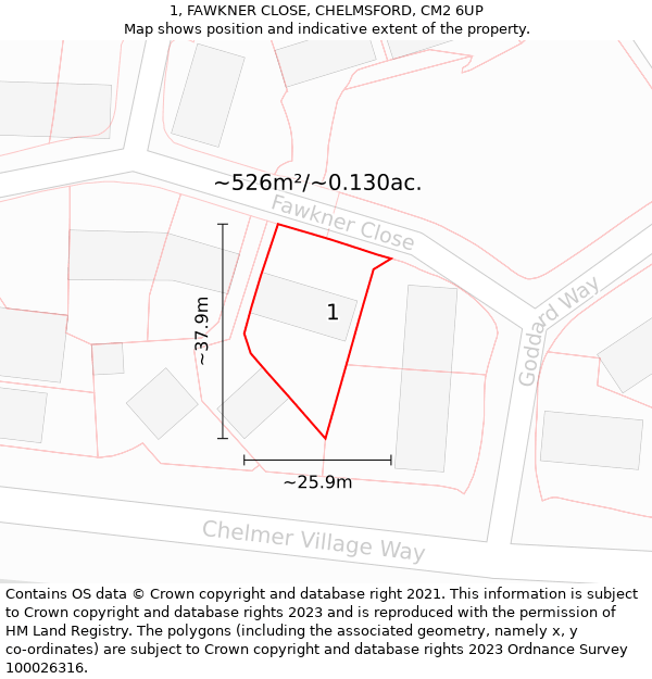 1, FAWKNER CLOSE, CHELMSFORD, CM2 6UP: Plot and title map