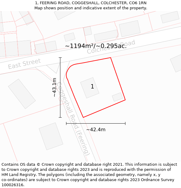 1, FEERING ROAD, COGGESHALL, COLCHESTER, CO6 1RN: Plot and title map