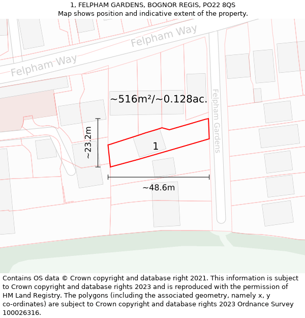 1, FELPHAM GARDENS, BOGNOR REGIS, PO22 8QS: Plot and title map