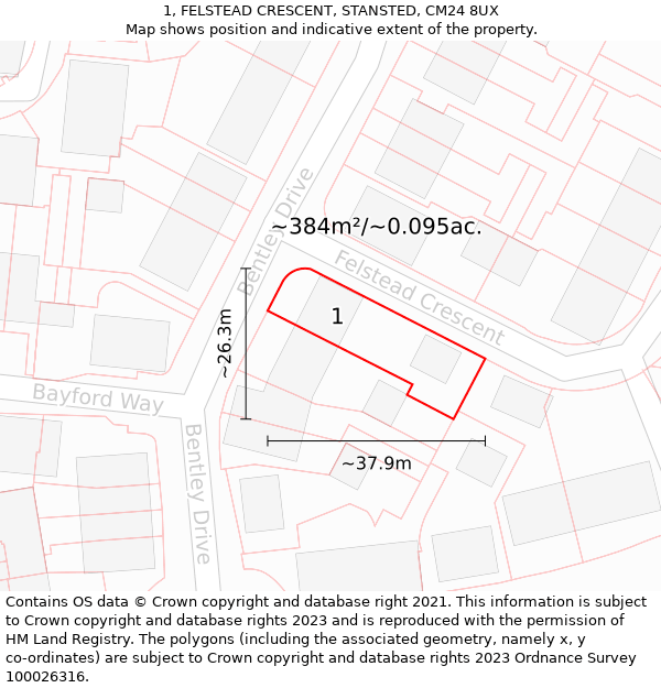 1, FELSTEAD CRESCENT, STANSTED, CM24 8UX: Plot and title map