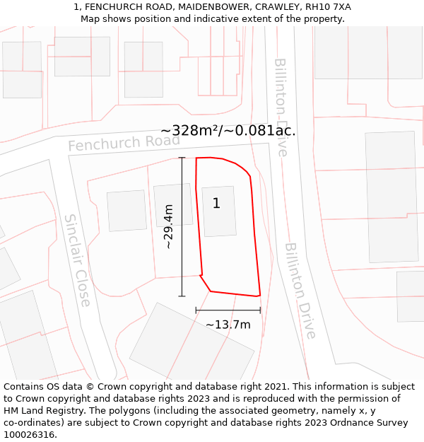 1, FENCHURCH ROAD, MAIDENBOWER, CRAWLEY, RH10 7XA: Plot and title map