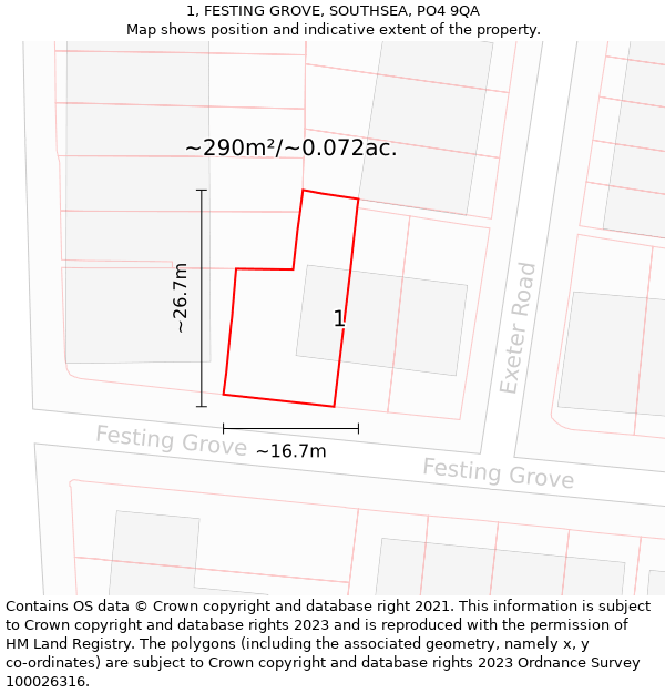 1, FESTING GROVE, SOUTHSEA, PO4 9QA: Plot and title map