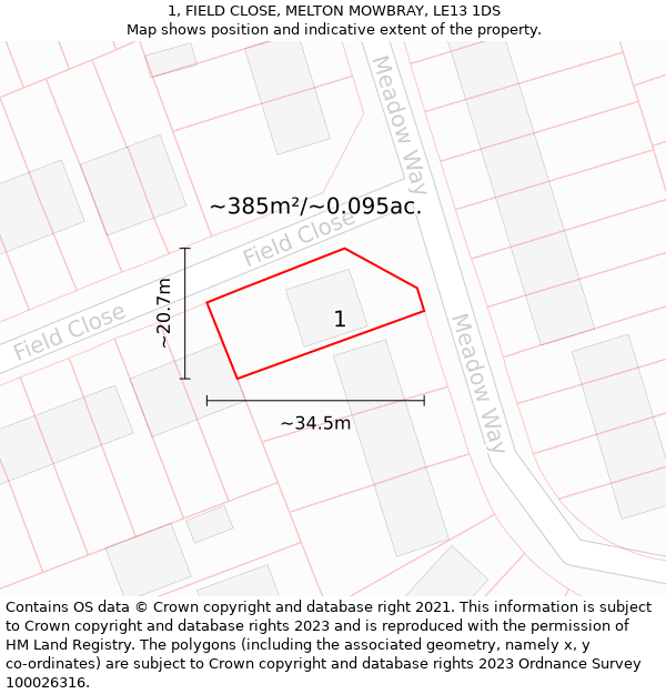 1, FIELD CLOSE, MELTON MOWBRAY, LE13 1DS: Plot and title map