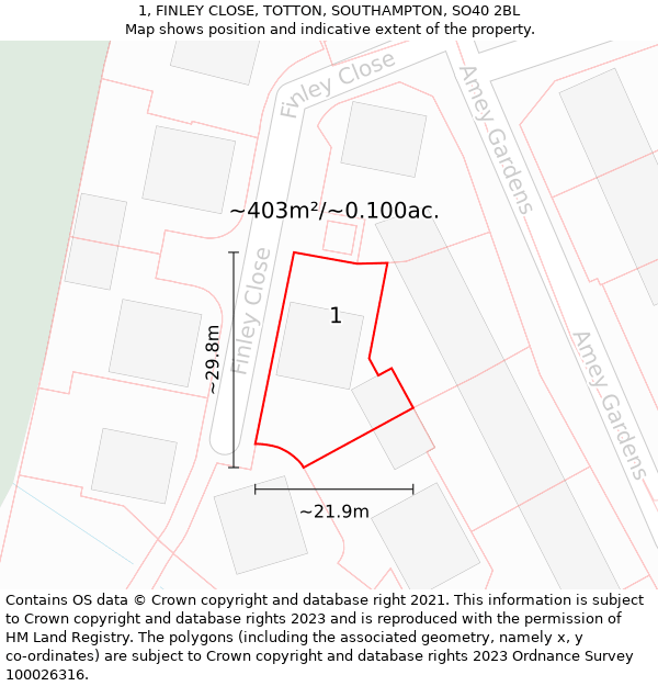 1, FINLEY CLOSE, TOTTON, SOUTHAMPTON, SO40 2BL: Plot and title map