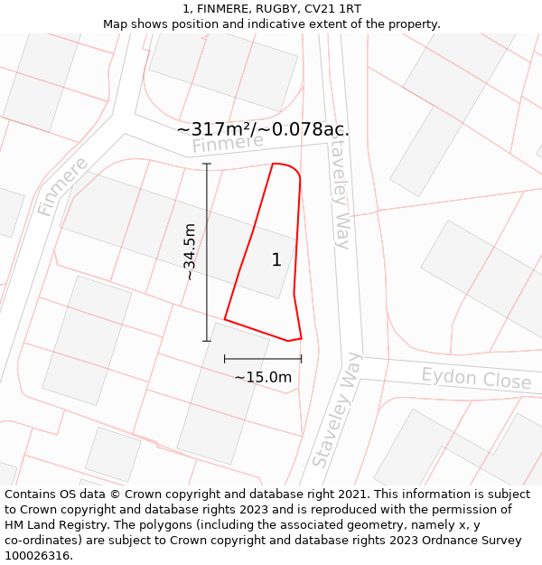 1, FINMERE, RUGBY, CV21 1RT: Plot and title map