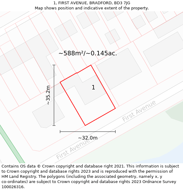 1, FIRST AVENUE, BRADFORD, BD3 7JG: Plot and title map