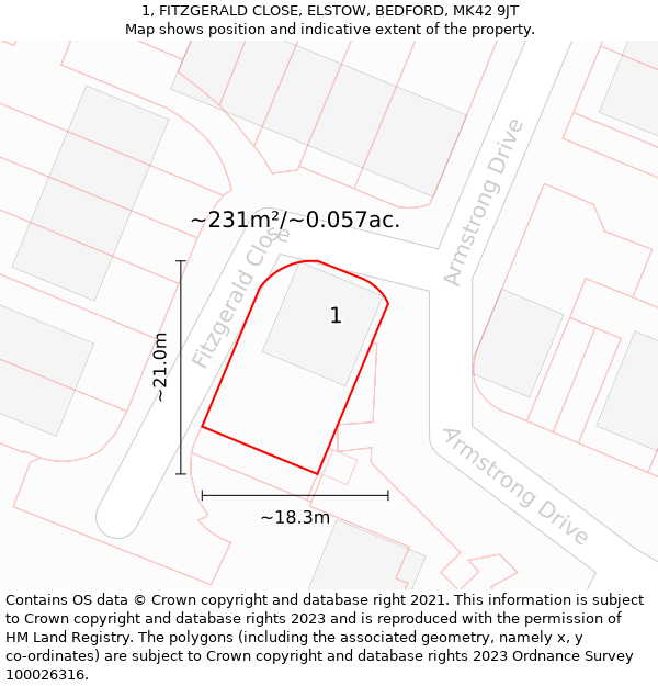 1, FITZGERALD CLOSE, ELSTOW, BEDFORD, MK42 9JT: Plot and title map