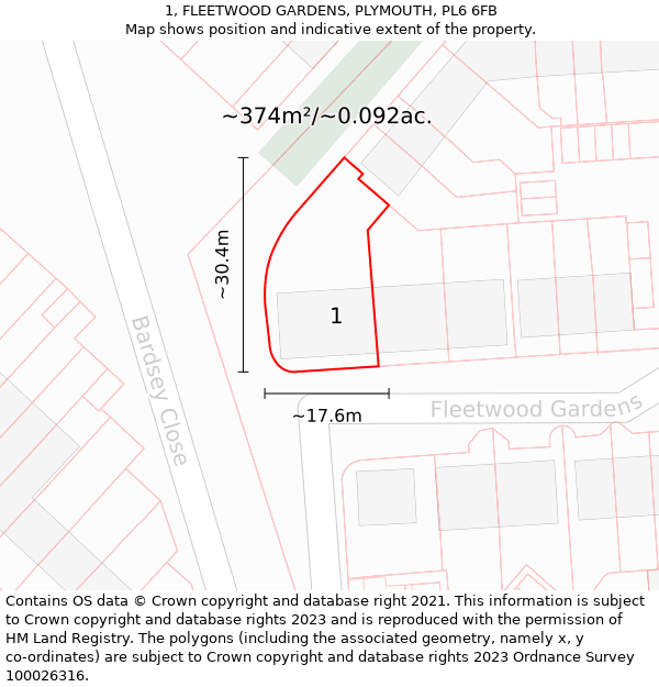 1, FLEETWOOD GARDENS, PLYMOUTH, PL6 6FB: Plot and title map