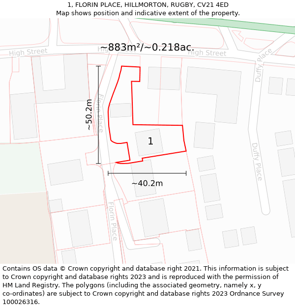 1, FLORIN PLACE, HILLMORTON, RUGBY, CV21 4ED: Plot and title map