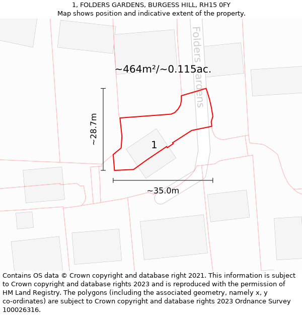 1, FOLDERS GARDENS, BURGESS HILL, RH15 0FY: Plot and title map