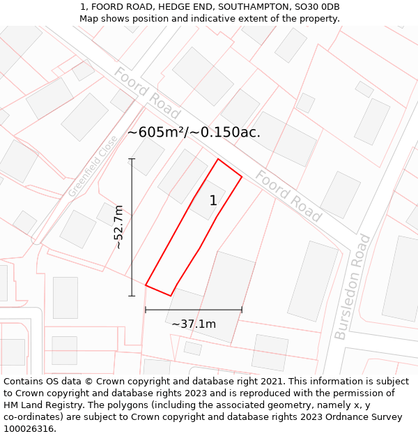 1, FOORD ROAD, HEDGE END, SOUTHAMPTON, SO30 0DB: Plot and title map