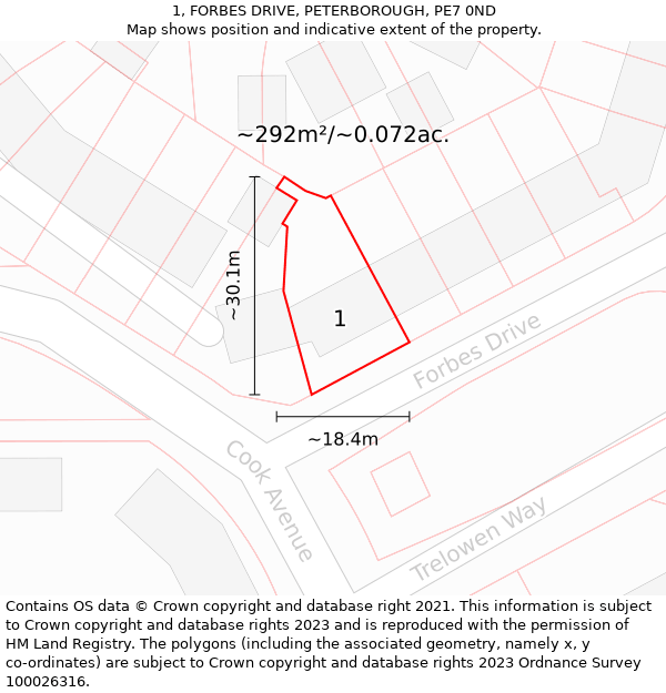 1, FORBES DRIVE, PETERBOROUGH, PE7 0ND: Plot and title map