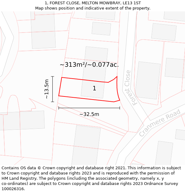 1, FOREST CLOSE, MELTON MOWBRAY, LE13 1ST: Plot and title map