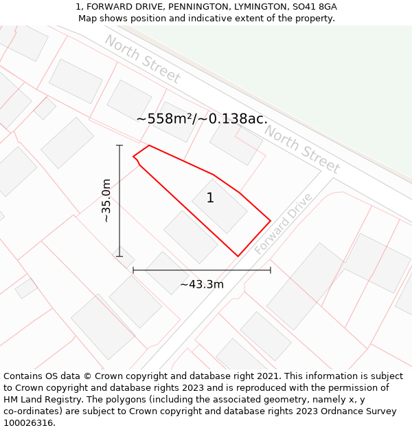 1, FORWARD DRIVE, PENNINGTON, LYMINGTON, SO41 8GA: Plot and title map