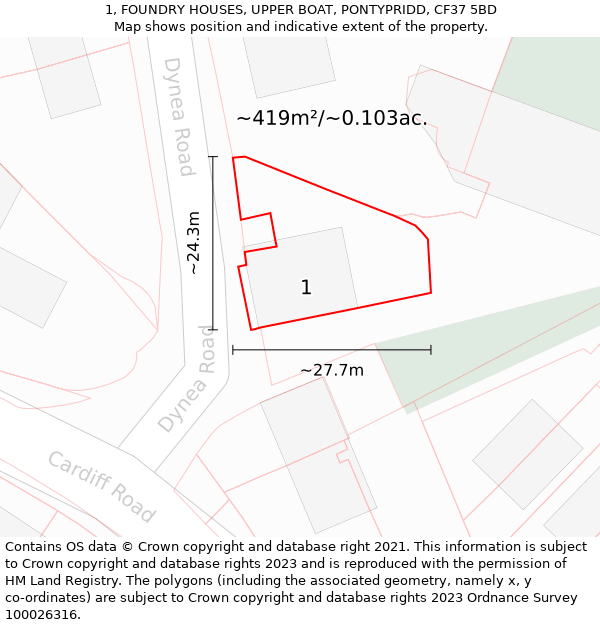 1, FOUNDRY HOUSES, UPPER BOAT, PONTYPRIDD, CF37 5BD: Plot and title map