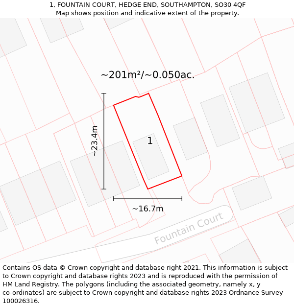 1, FOUNTAIN COURT, HEDGE END, SOUTHAMPTON, SO30 4QF: Plot and title map