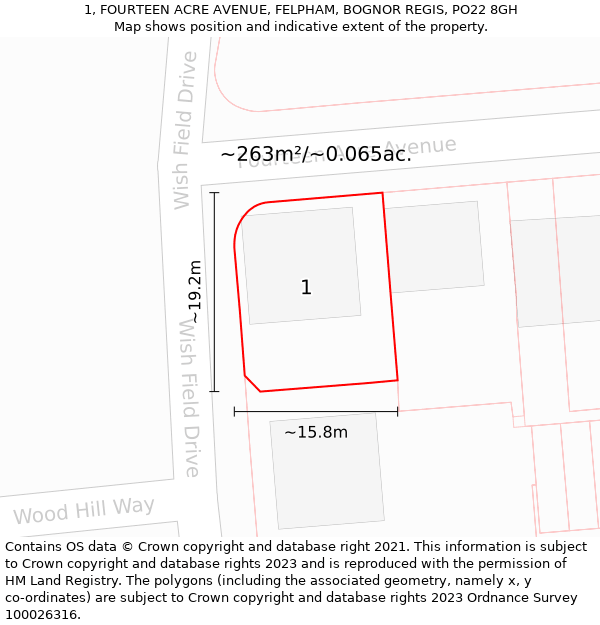 1, FOURTEEN ACRE AVENUE, FELPHAM, BOGNOR REGIS, PO22 8GH: Plot and title map