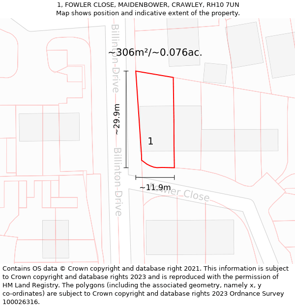 1, FOWLER CLOSE, MAIDENBOWER, CRAWLEY, RH10 7UN: Plot and title map