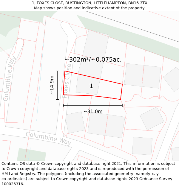 1, FOXES CLOSE, RUSTINGTON, LITTLEHAMPTON, BN16 3TX: Plot and title map