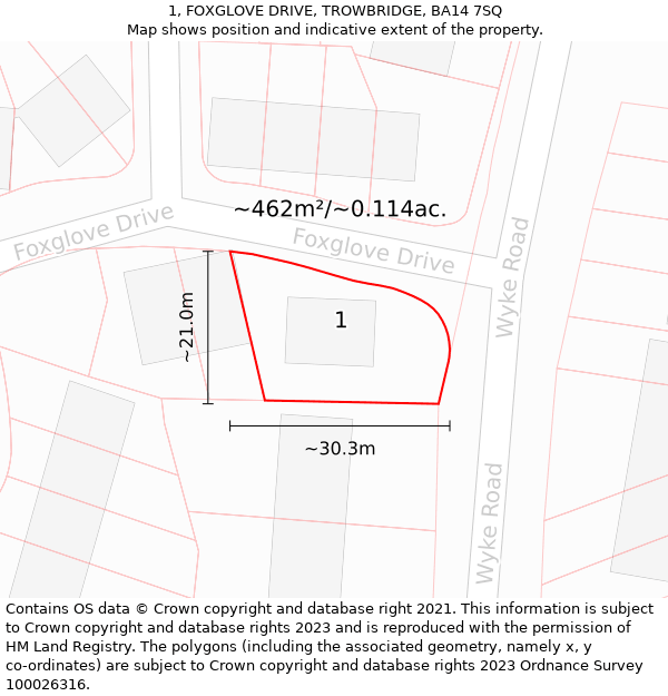 1, FOXGLOVE DRIVE, TROWBRIDGE, BA14 7SQ: Plot and title map