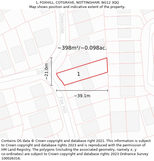 1, FOXHILL, COTGRAVE, NOTTINGHAM, NG12 3QQ: Plot and title map