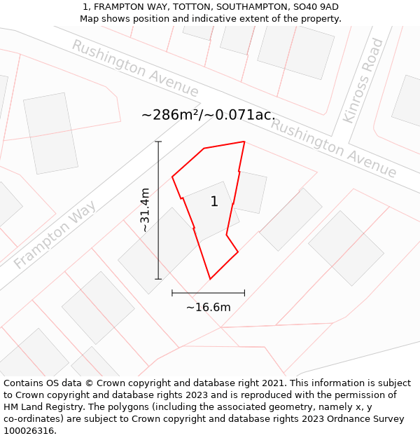 1, FRAMPTON WAY, TOTTON, SOUTHAMPTON, SO40 9AD: Plot and title map