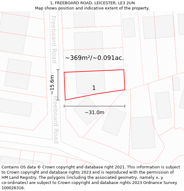 1, FREEBOARD ROAD, LEICESTER, LE3 2UN: Plot and title map