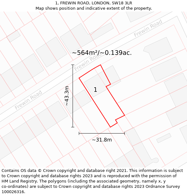 1, FREWIN ROAD, LONDON, SW18 3LR: Plot and title map