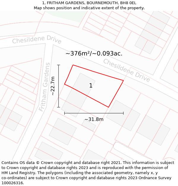 1, FRITHAM GARDENS, BOURNEMOUTH, BH8 0EL: Plot and title map