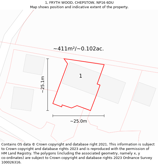 1, FRYTH WOOD, CHEPSTOW, NP16 6DU: Plot and title map