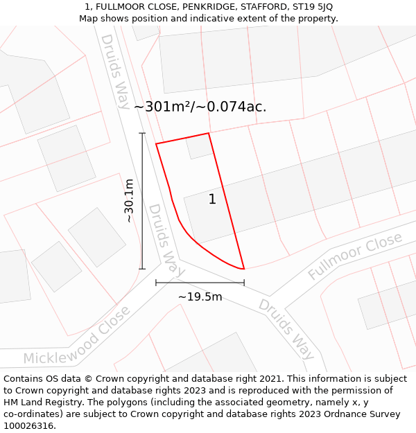 1, FULLMOOR CLOSE, PENKRIDGE, STAFFORD, ST19 5JQ: Plot and title map